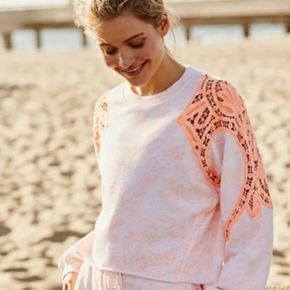 NWT Free People Movement Sun and Done Crochet Sweatshirt White Orange Small - Picture 1 of 10